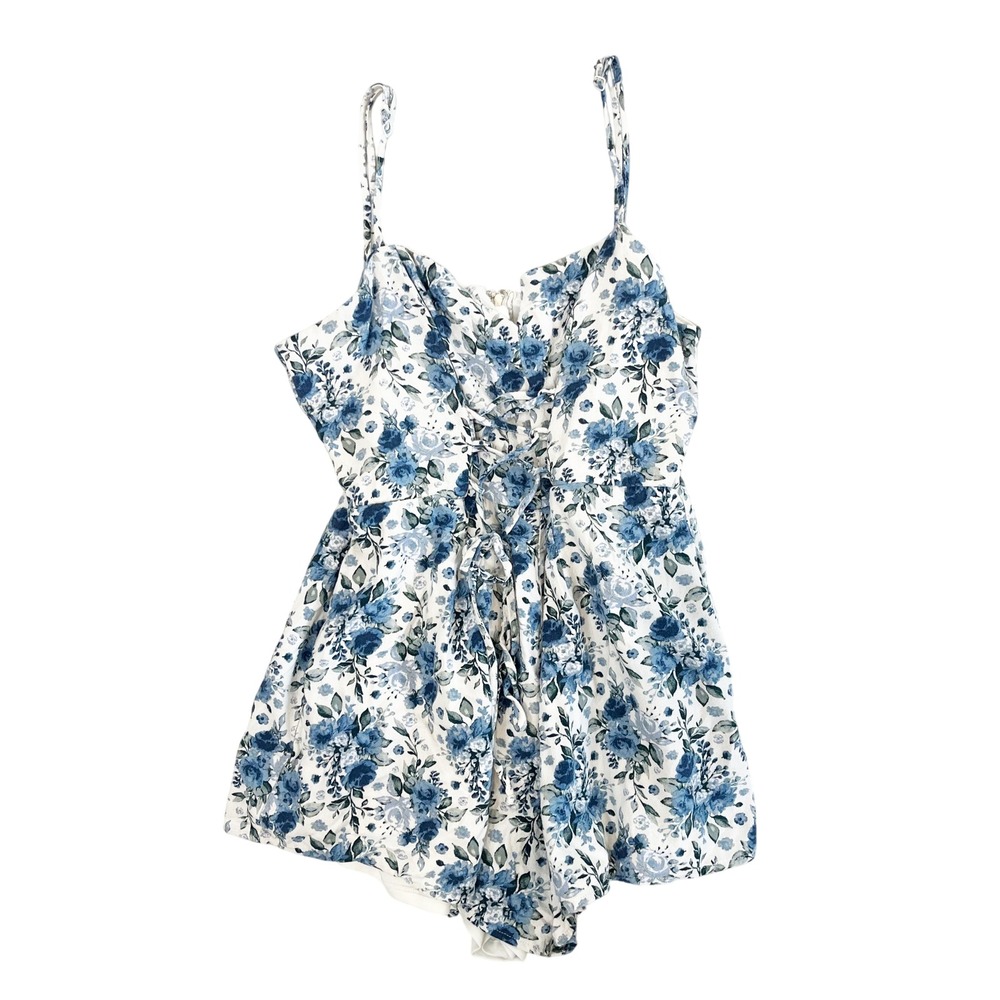 Altar'd State Blue Floral Corset Lace-Up Linen Blend Romper Boho Cottage Size XL